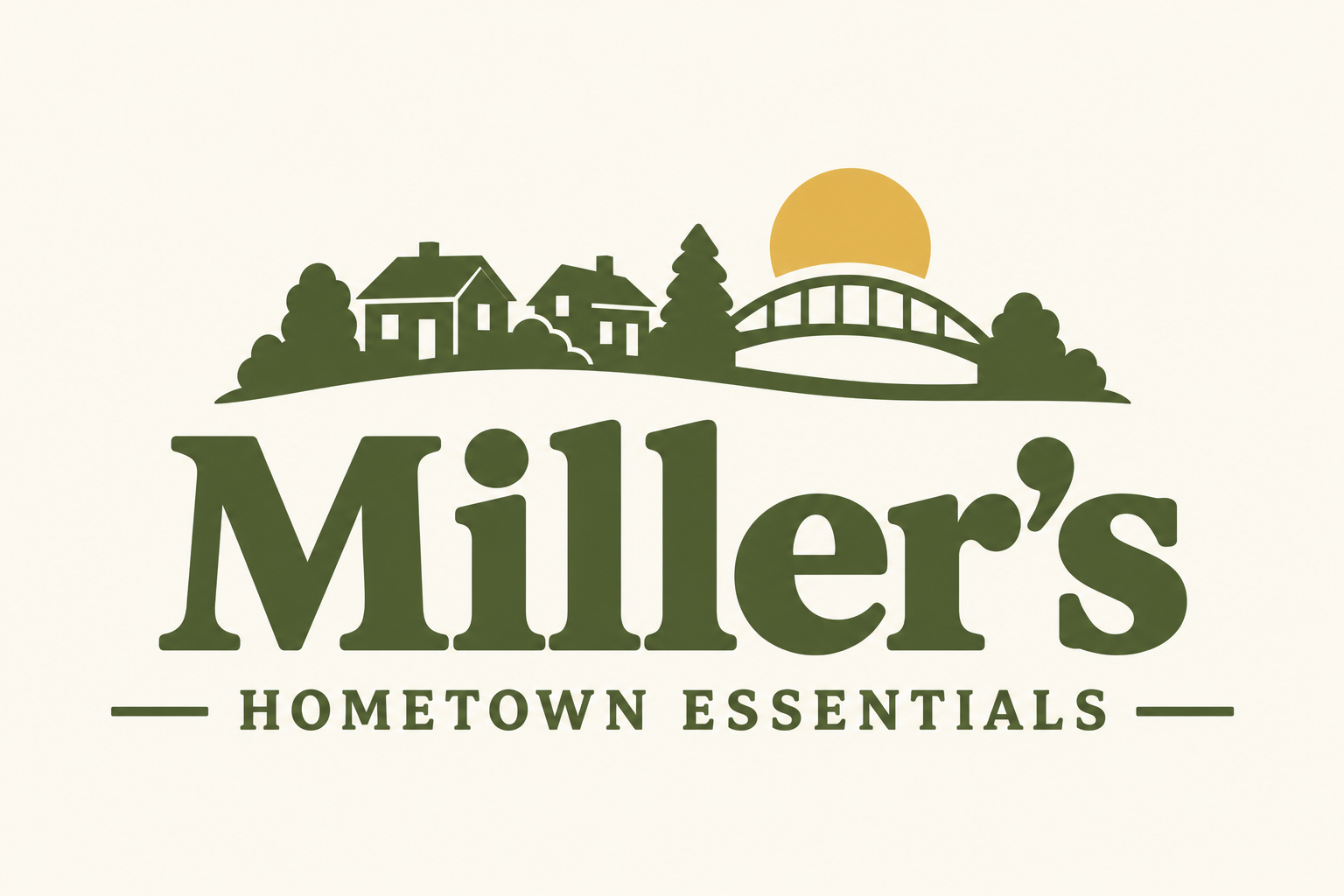 Miller’s Hometown Essentials — neighborhood homes, bridge and golden sun